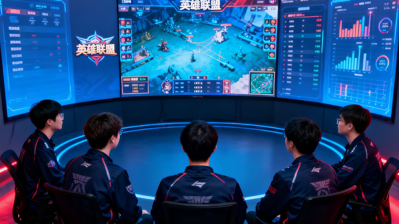 五位身穿深色电竞队服的教练围坐在环形屏幕前，大屏幕上显示着英雄联盟的战术分析界面和实时数据图表，房间内霓虹灯光映照出专注的神情。