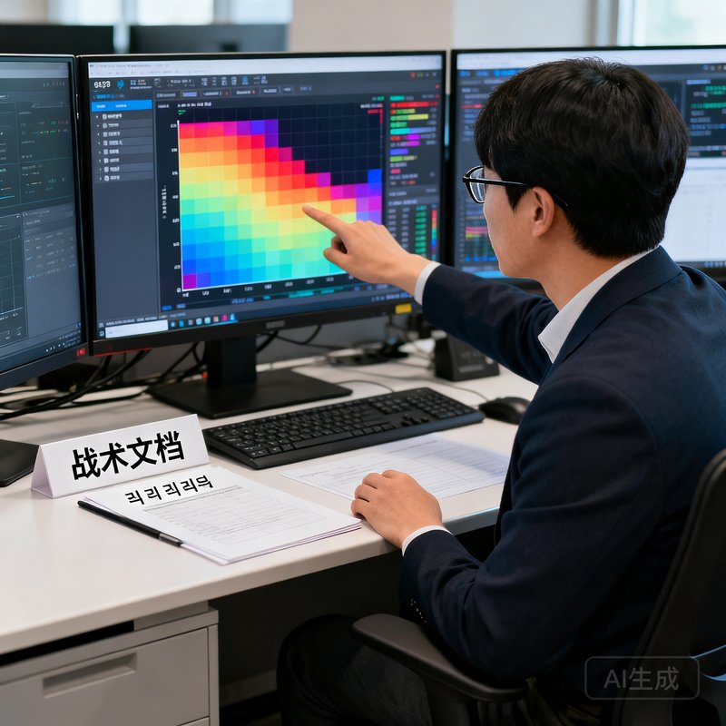 一位戴着眼镜的韩国籍战术分析师坐在多屏工作站前，手指指向屏幕上的热力图数据，桌面上摆放着韩文和中文并排标注的战术文档。