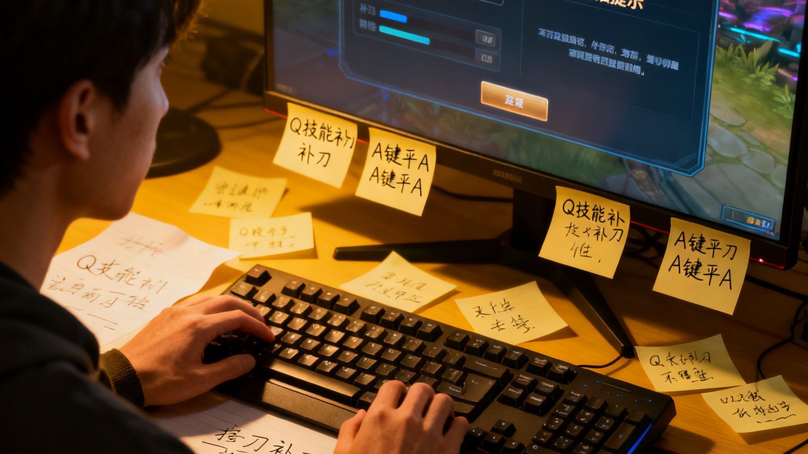 一位刚接触英雄联盟的新手玩家正在训练模式中反复练习补刀，屏幕上显示着补刀计数器和连招提示，桌面摆放着写满笔记的便签纸。