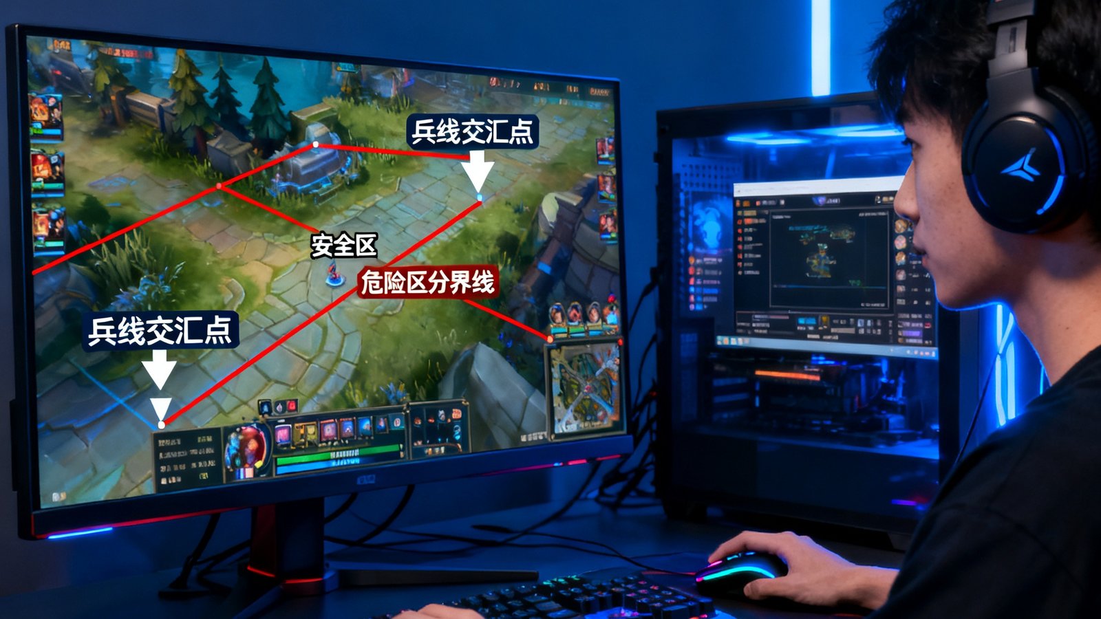 一位白银段位的玩家正在观看K1电竞的兵线控制教学视频，画面中标注着兵线交汇点、安全区和危险区的分界线，旁边开着游戏客户端进行同步练习。