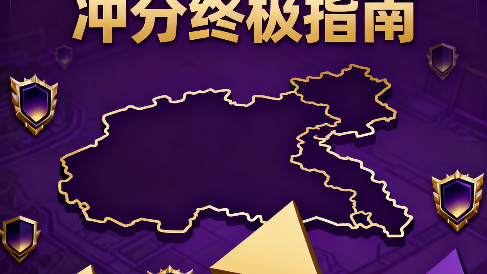 一张以深紫和金色为主色调的攻略封面图，标题文字为'2025赛季排位冲分终极指南'，背景是英雄联盟召唤师峡谷的地图轮廓和上升的排位徽章。