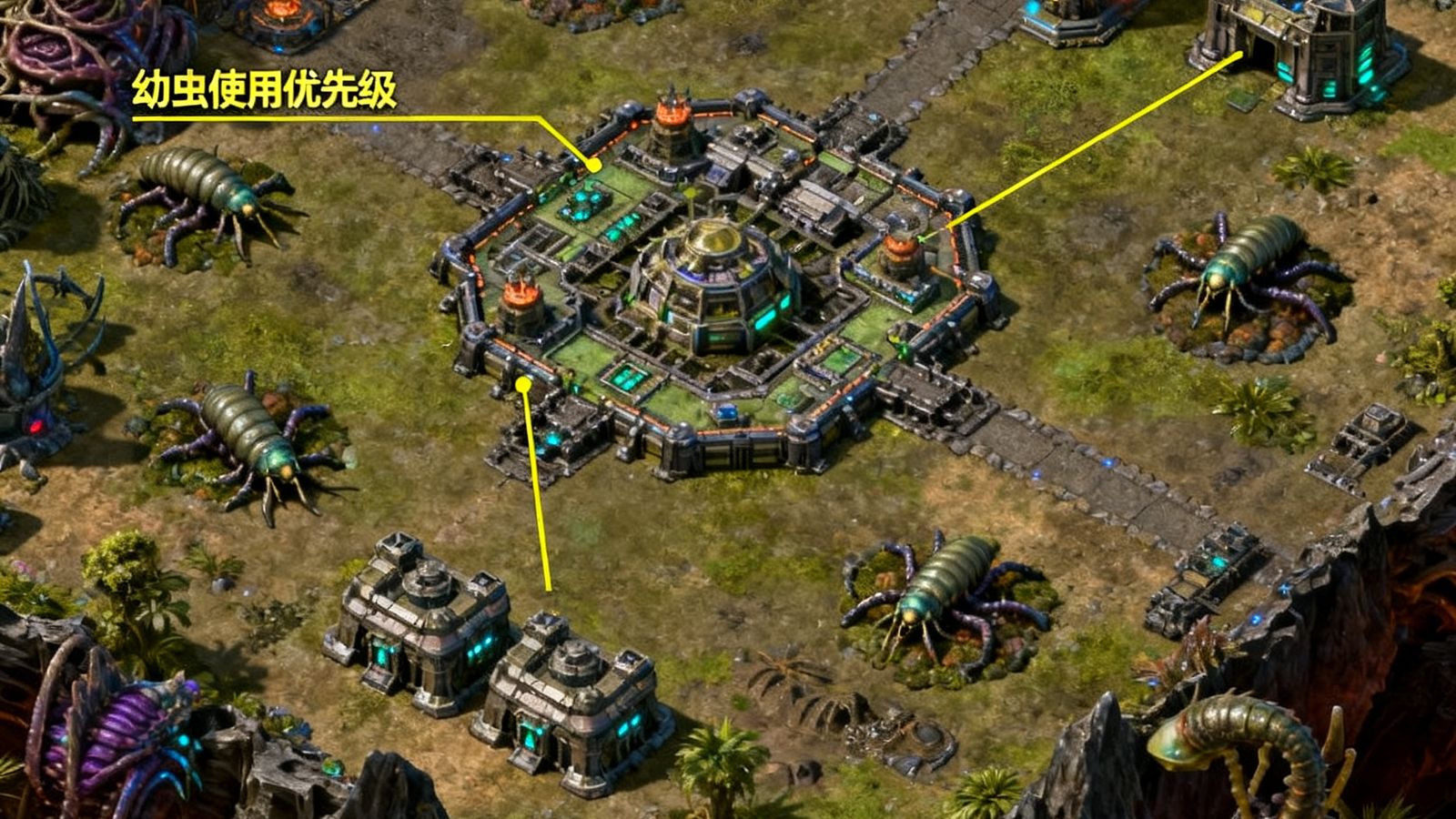 星际争霸2虫族基地的俯瞰视角截图，标注了幼虫使用优先级、建筑布局优化方案和资源采集效率曲线图。